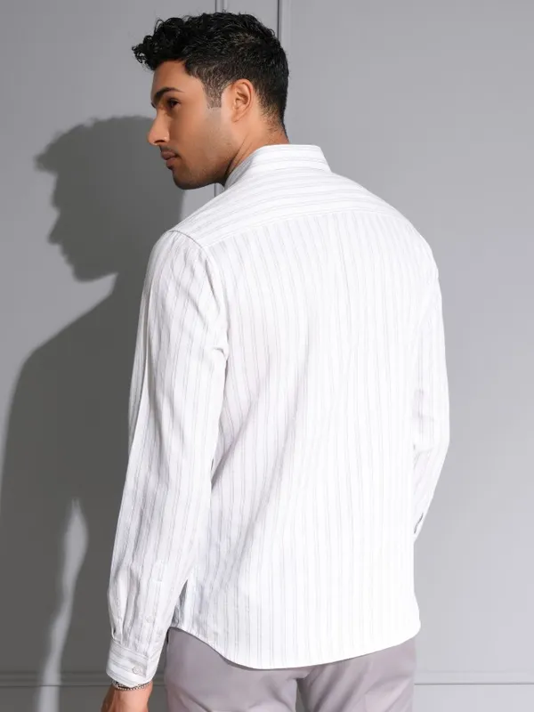 Locomotive Men Premium White Dobby Textured Striped Multi Occasion Shirt