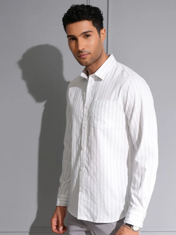 Locomotive Men Premium White Dobby Textured Striped Multi Occasion Shirt