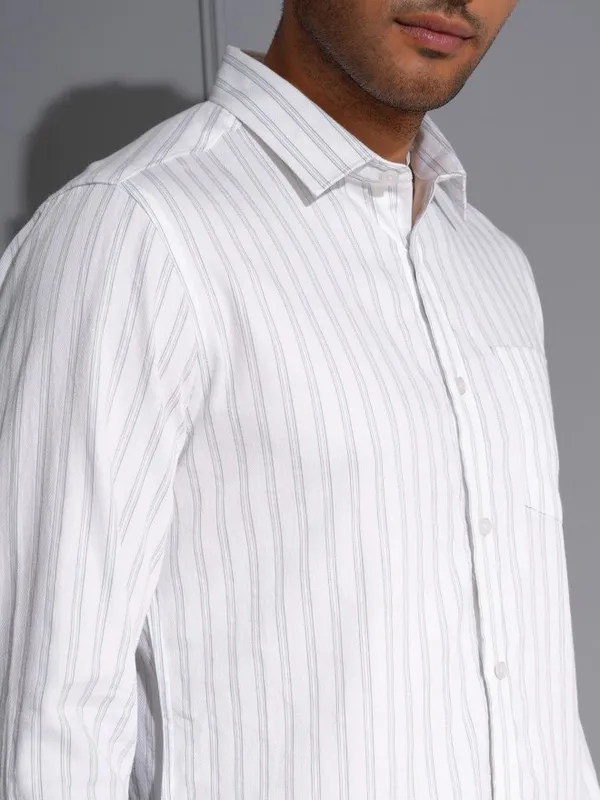 Locomotive Men Premium White Dobby Textured Striped Multi Occasion Shirt