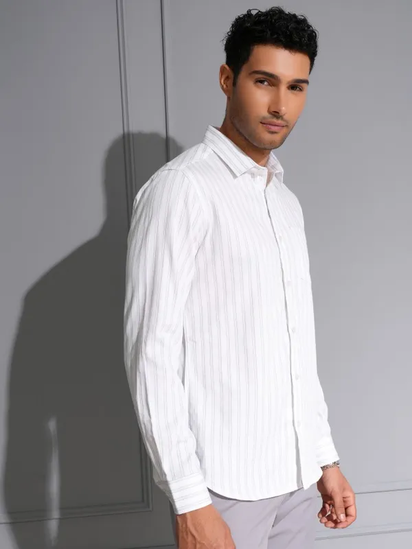 Locomotive Men Premium White Dobby Textured Striped Multi Occasion Shirt