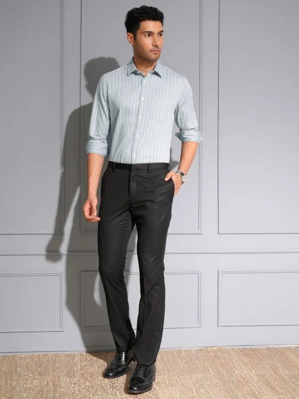Locomotive Men Premium Grey Dobby Textured Striped Multi Occasion Shirt