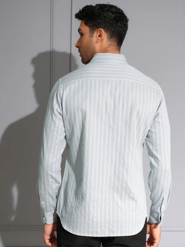 Locomotive Men Premium Grey Dobby Textured Striped Multi Occasion Shirt