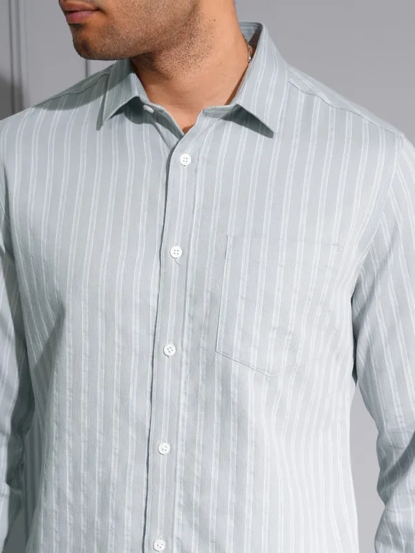 Locomotive Men Premium Grey Dobby Textured Striped Multi Occasion Shirt