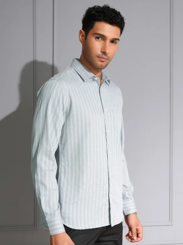 Locomotive Men Premium Grey Dobby Textured Striped Multi Occasion Shirt