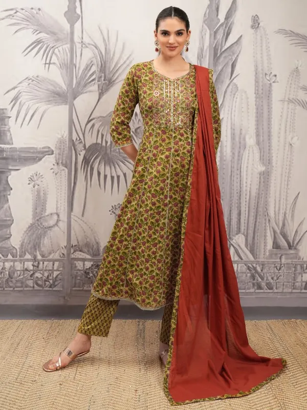 Vishudh Women Yellow Printed Kurta With Trousers And Dupatta