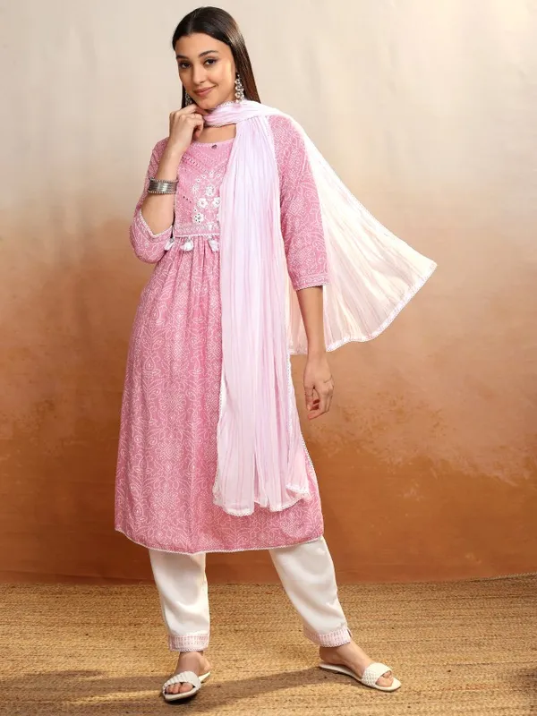 Vishudh Women Pink Embroidered Kurta With Trousers And Dupatta
