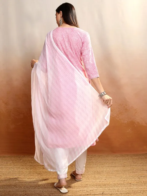 Vishudh Women Pink Embroidered Kurta With Trousers And Dupatta