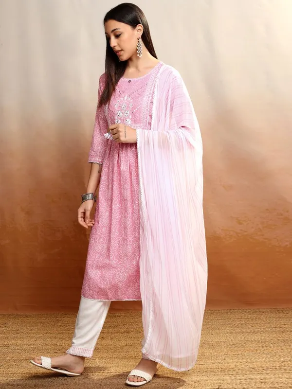 Vishudh Women Pink Embroidered Kurta With Trousers And Dupatta