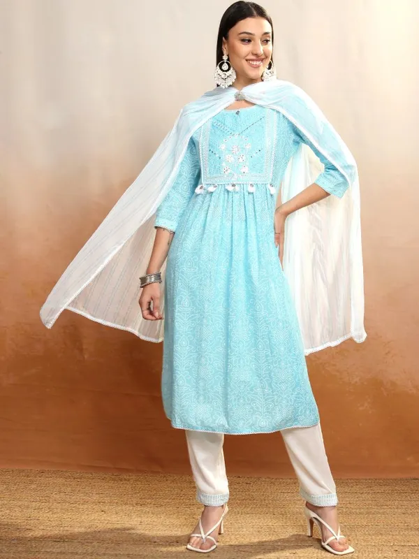 Vishudh Women Blue Embroidered Kurta With Trousers And Dupatta