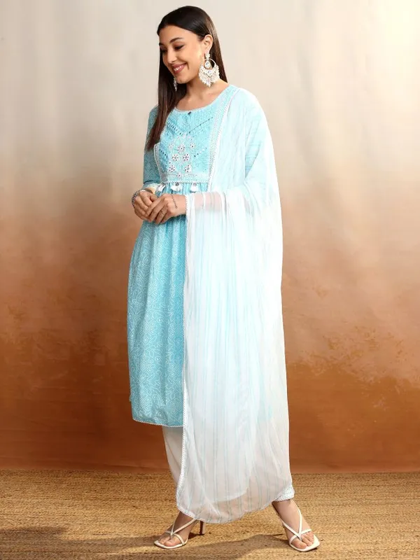 Vishudh Women Blue Embroidered Kurta With Trousers And Dupatta