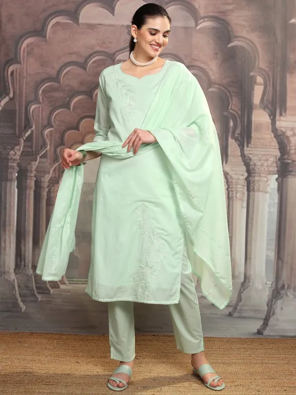 Vishudh Women Green Embroidered Kurta With Trousers And Dupatta