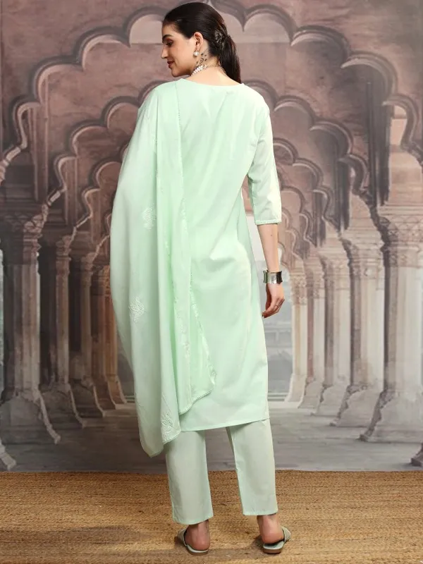 Vishudh Women Green Embroidered Kurta With Trousers And Dupatta