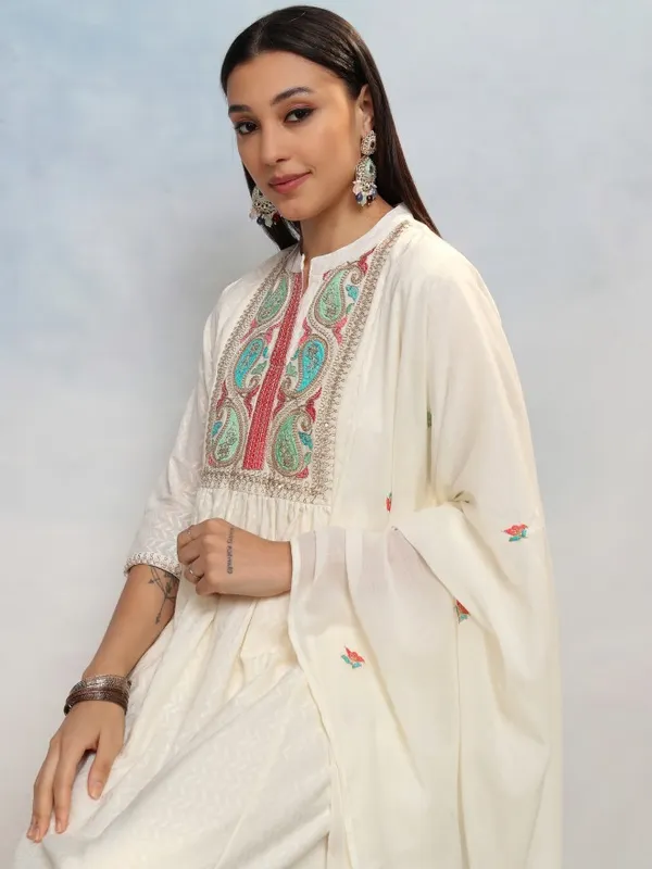 Vishudh Women White Embroidered Kurta With Trousers And Dupatta