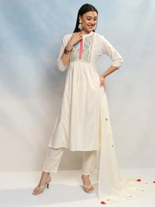 Vishudh Women White Embroidered Kurta With Trousers And Dupatta