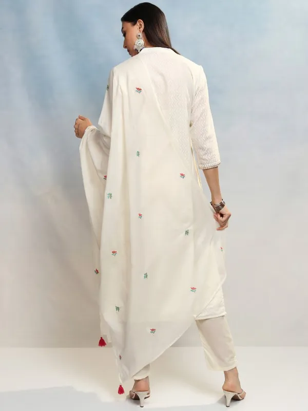 Vishudh Women White Embroidered Kurta With Trousers And Dupatta
