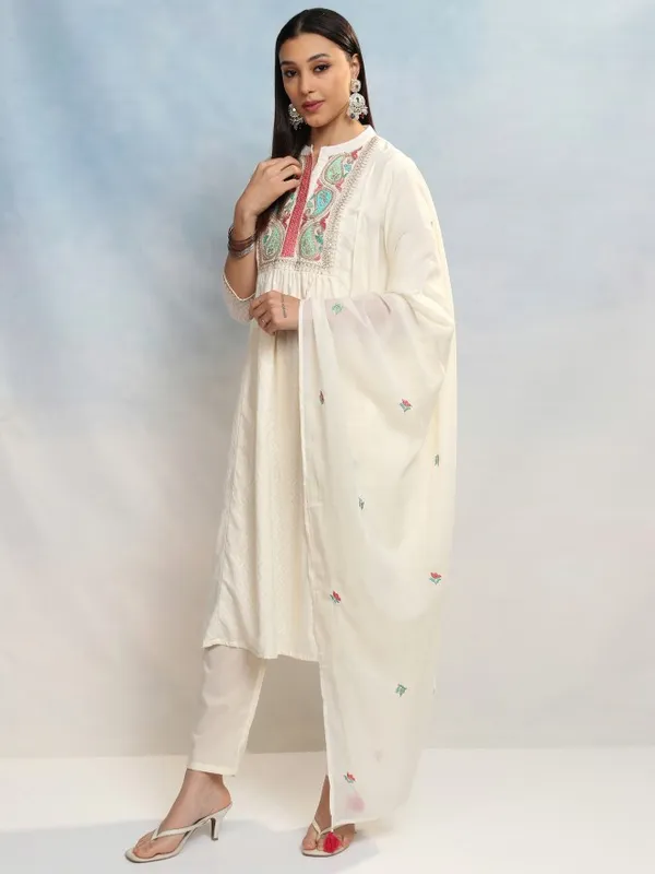 Vishudh Women White Embroidered Kurta With Trousers And Dupatta