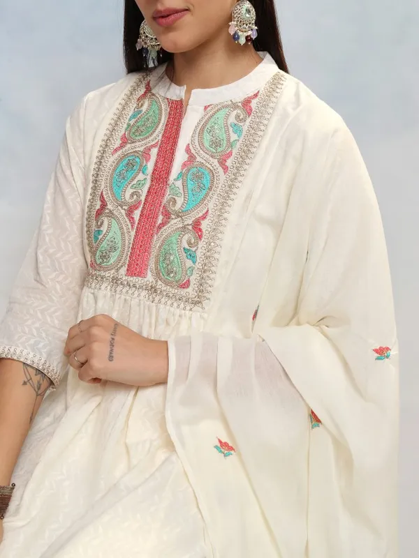 Vishudh Women White Embroidered Kurta With Trousers And Dupatta