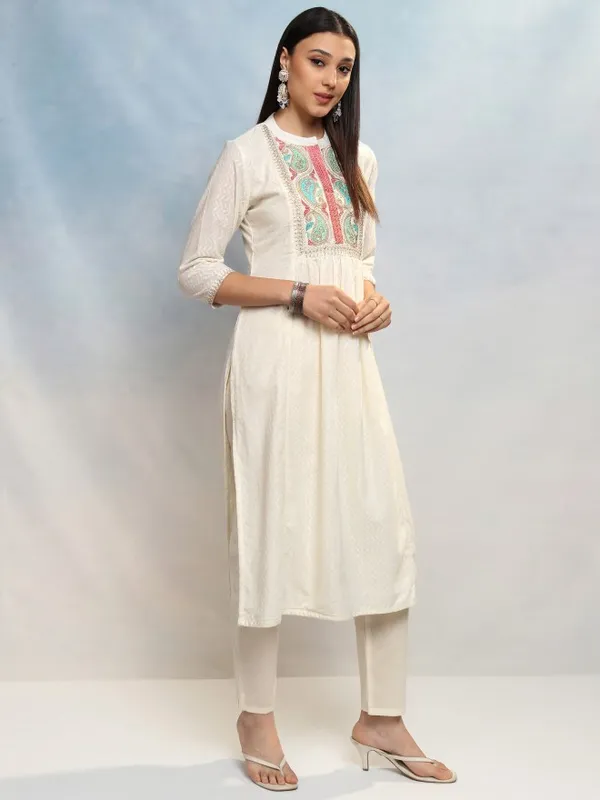 Vishudh Women White Embroidered Kurta With Trousers And Dupatta