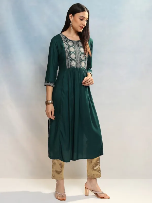 Vishudh Women Teal Embroidered A-Line Kurta