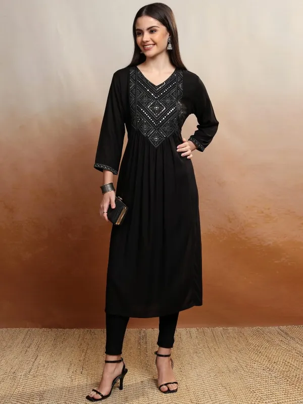 Vishudh Women Black Embroidered A-Line Kurta