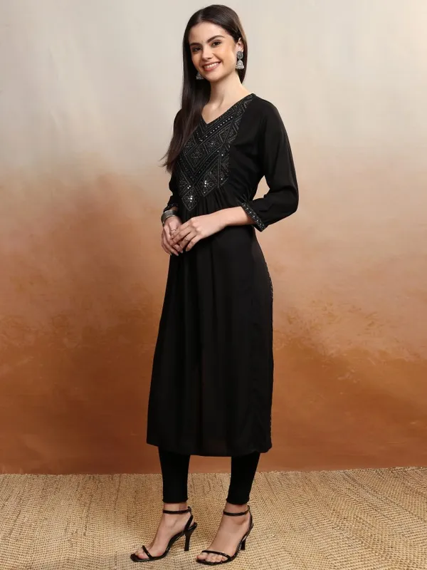 Vishudh Women Black Embroidered A-Line Kurta