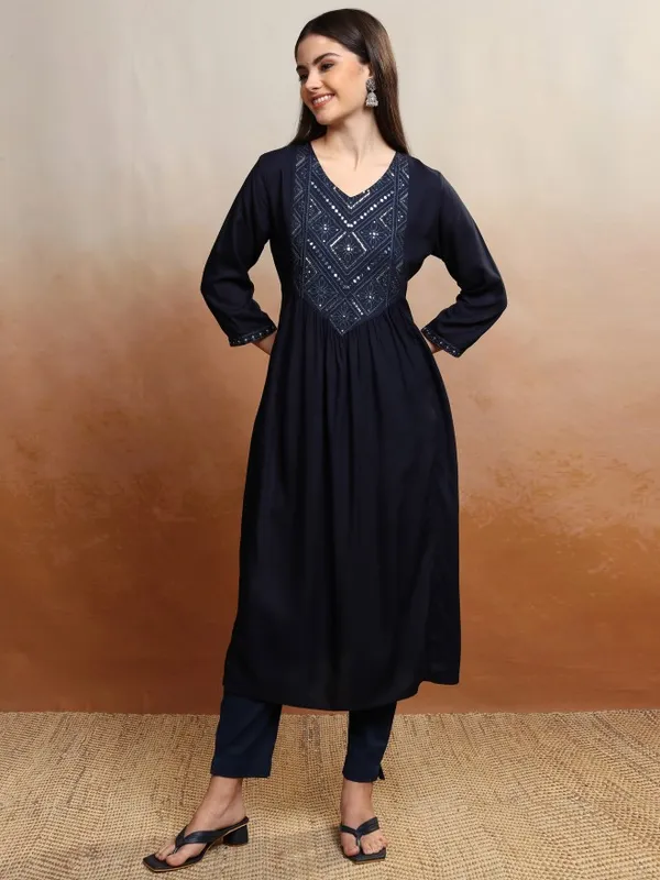 Vishudh Women Blue Embroidered A-Line Kurta