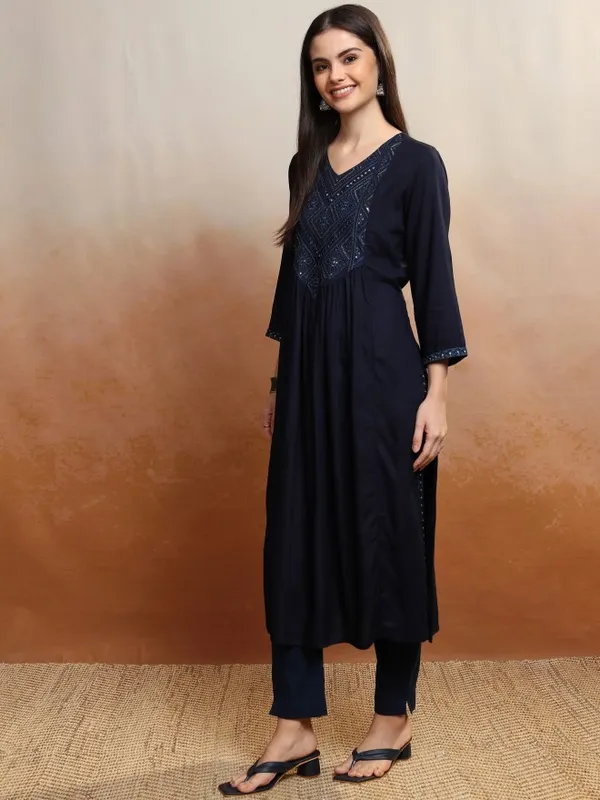 Vishudh Women Blue Embroidered A-Line Kurta
