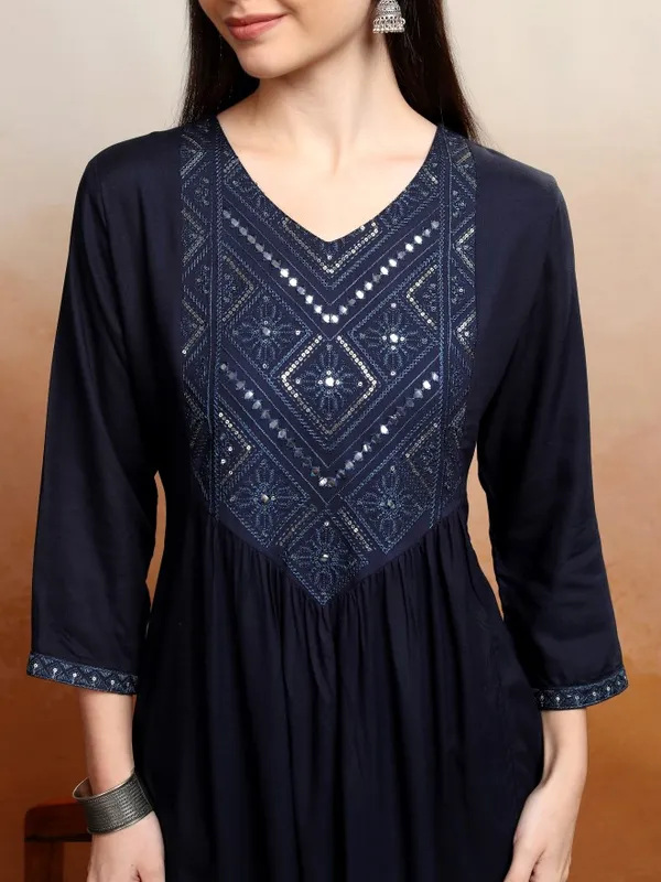 Vishudh Women Blue Embroidered A-Line Kurta