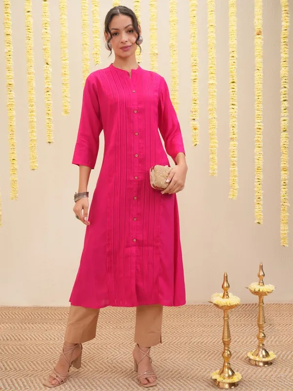 Vishudh Women Pink Embroidered A-Line Kurta