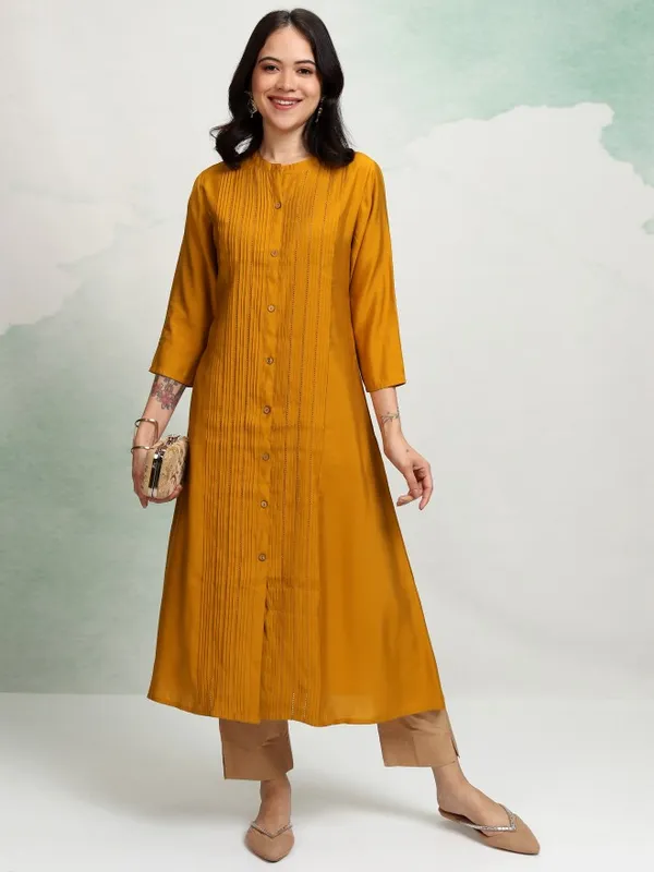 Vishudh Women Mustard A-Line Embroidered Kurta