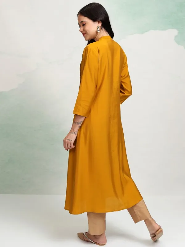 Vishudh Women Mustard A-Line Embroidered Kurta