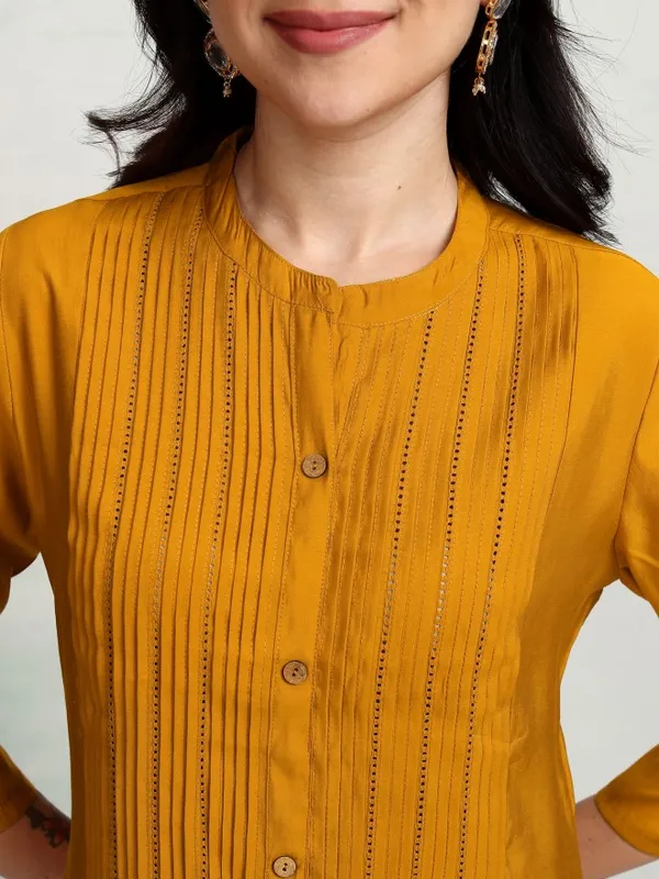 Vishudh Women Mustard A-Line Embroidered Kurta