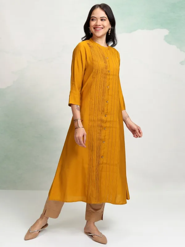 Vishudh Women Mustard A-Line Embroidered Kurta