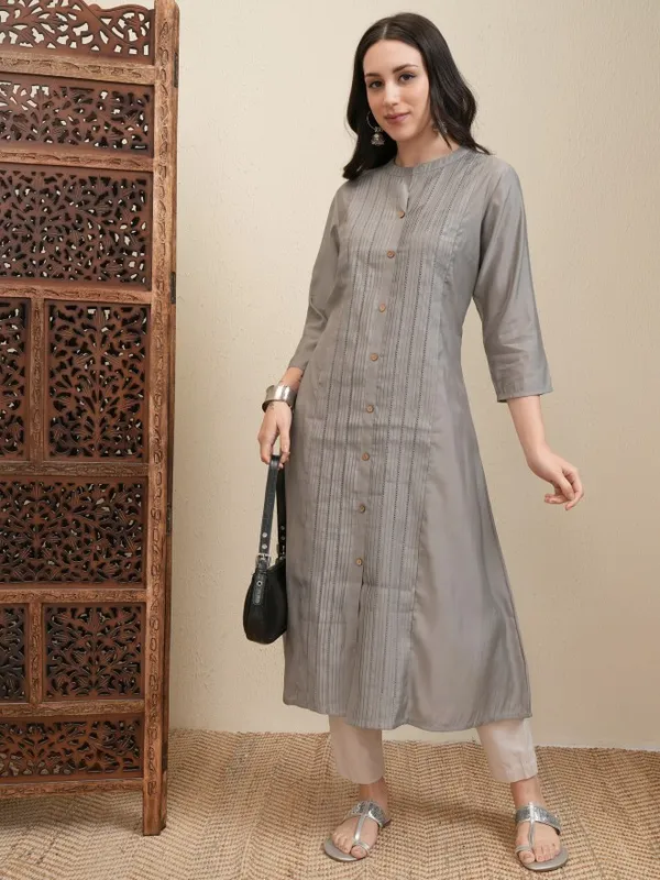 Vishudh Women Grey Striped A-Line Dress