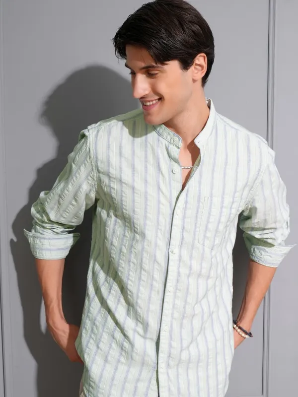 Locomotive Men Olive Striped Regular Fit Casual Shirt