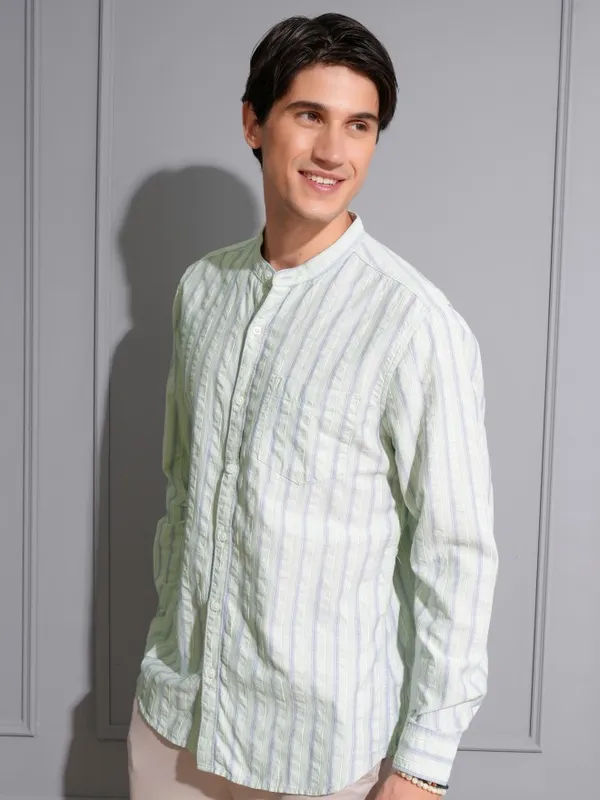 Locomotive Men Olive Striped Regular Fit Casual Shirt