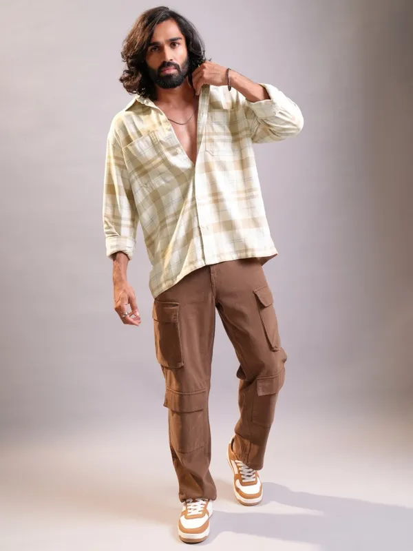 Locomotive Men Khaki Checked Oversized Fit Casual Shirt