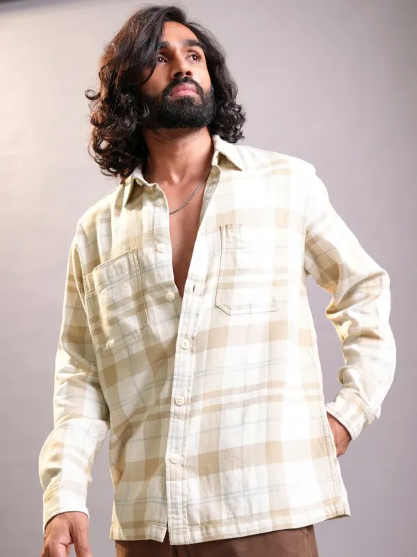 Locomotive Men Khaki Checked Oversized Fit Casual Shirt