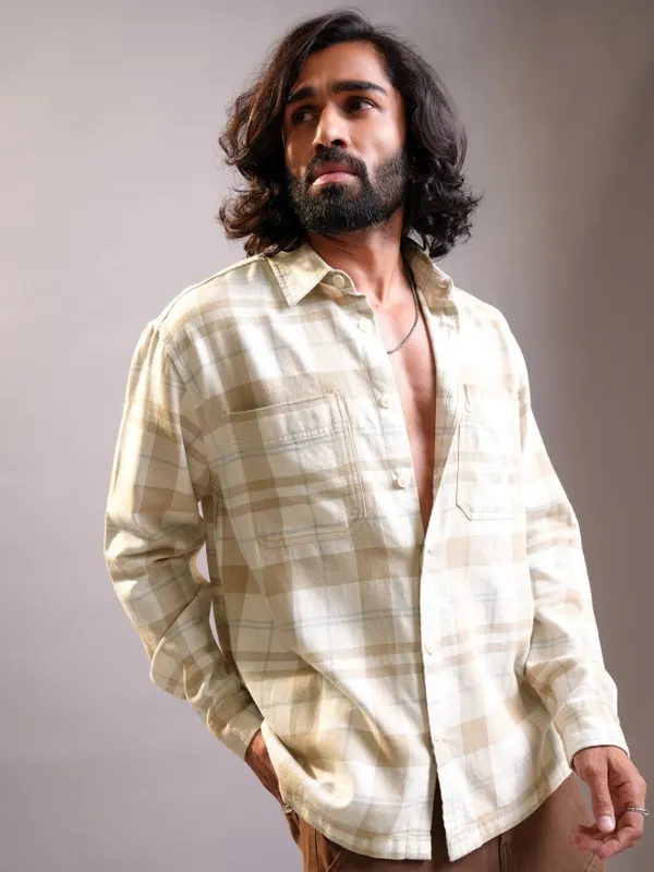 Locomotive Men Khaki Checked Oversized Fit Casual Shirt