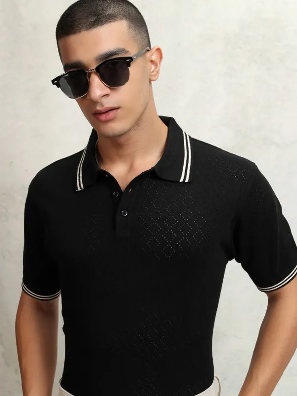Highlander Men Black Self Design Polo Collar T-Shirt