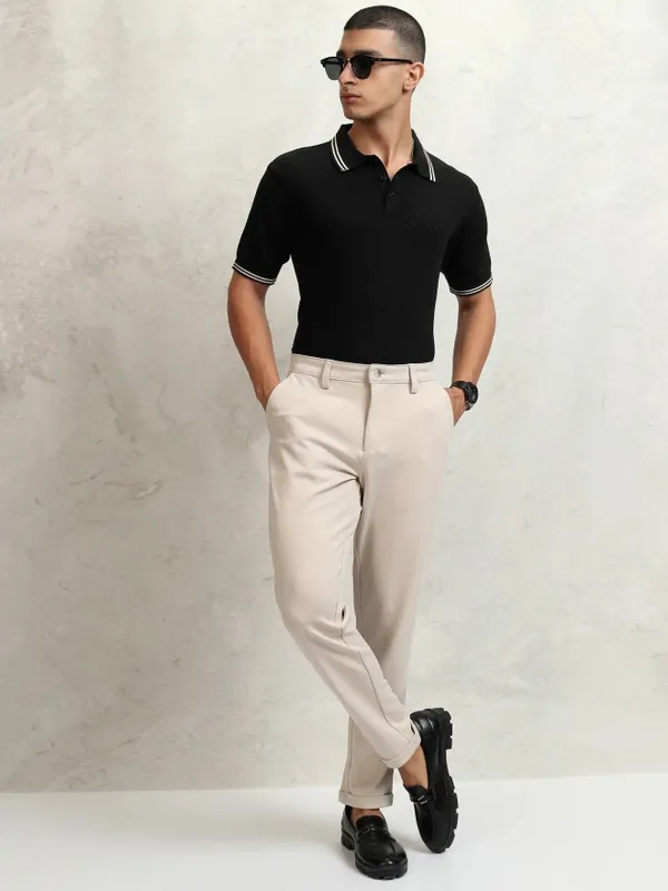 Highlander Men Black Self Design Polo Collar T-Shirt