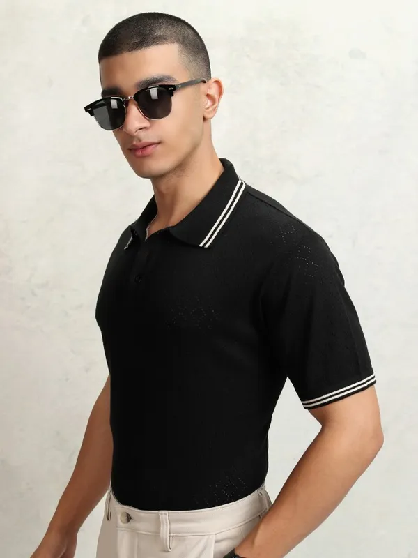 Highlander Men Black Self Design Polo Collar T-Shirt