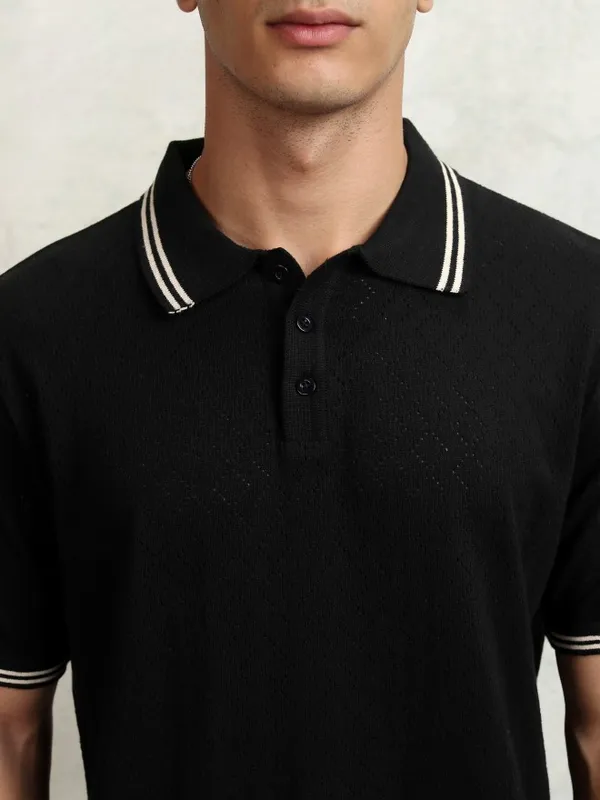 Highlander Men Black Self Design Polo Collar T-Shirt