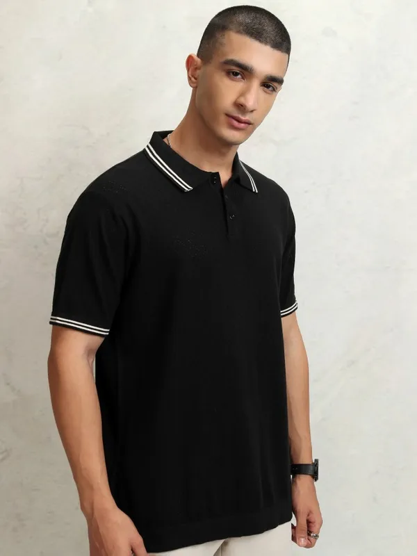 Highlander Men Black Self Design Polo Collar T-Shirt
