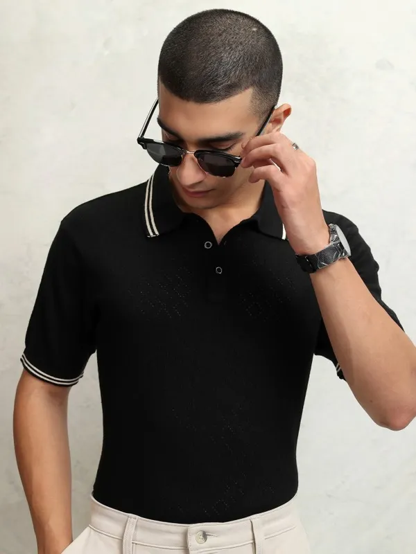 Highlander Men Black Self Design Polo Collar T-Shirt