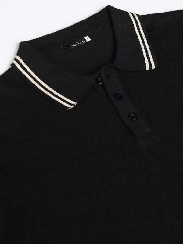 Highlander Men Black Self Design Polo Collar T-Shirt