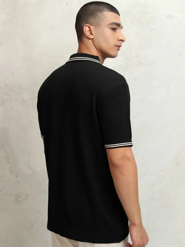 Highlander Men Black Self Design Polo Collar T-Shirt