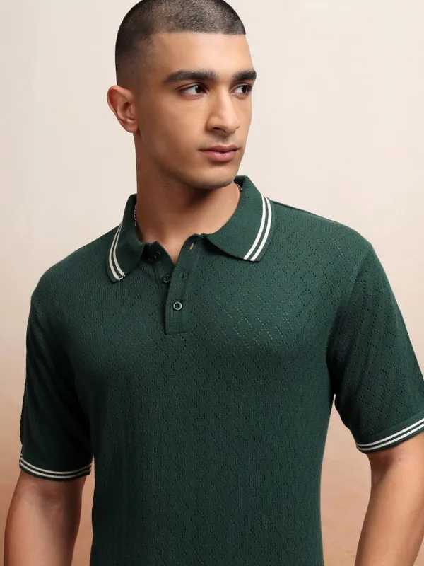 Highlander Men Green Self Design Polo Collar T-Shirt
