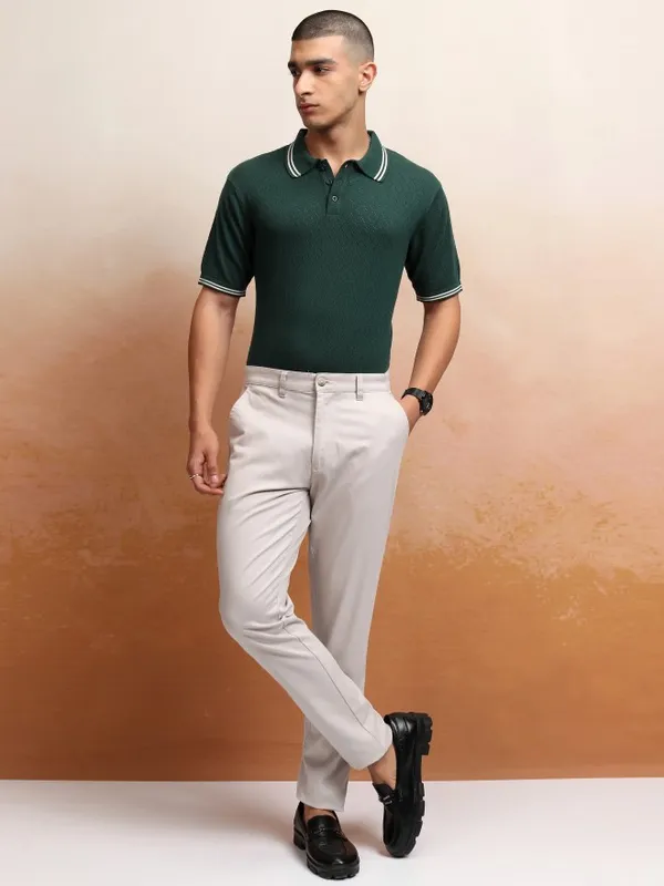 Highlander Men Green Self Design Polo Collar T-Shirt