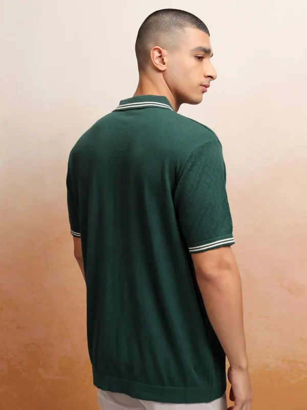Highlander Men Green Self Design Polo Collar T-Shirt